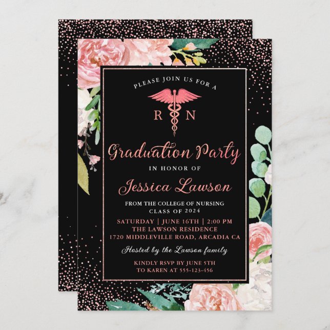 Invitation RN Soins infirmiers Rose Gold Floral (Devant / Derrière)