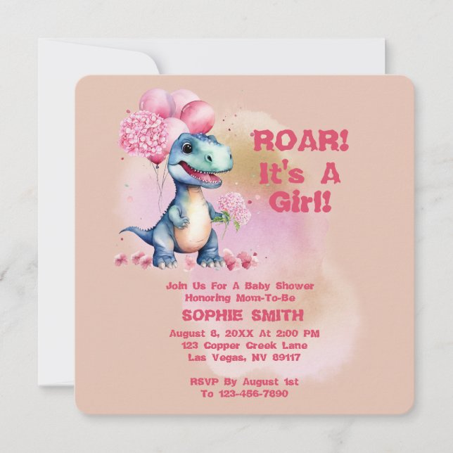 Invitation Roar C'est une fille T-Rex Baby Dinosaur rose (Devant)