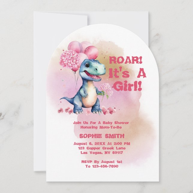 Invitation Roar C'est une fille T-Rex Baby Dinosaur rose (Devant)