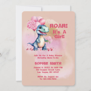 Invitation Roar C'est une fille T-Rex Baby Dinosaur rose