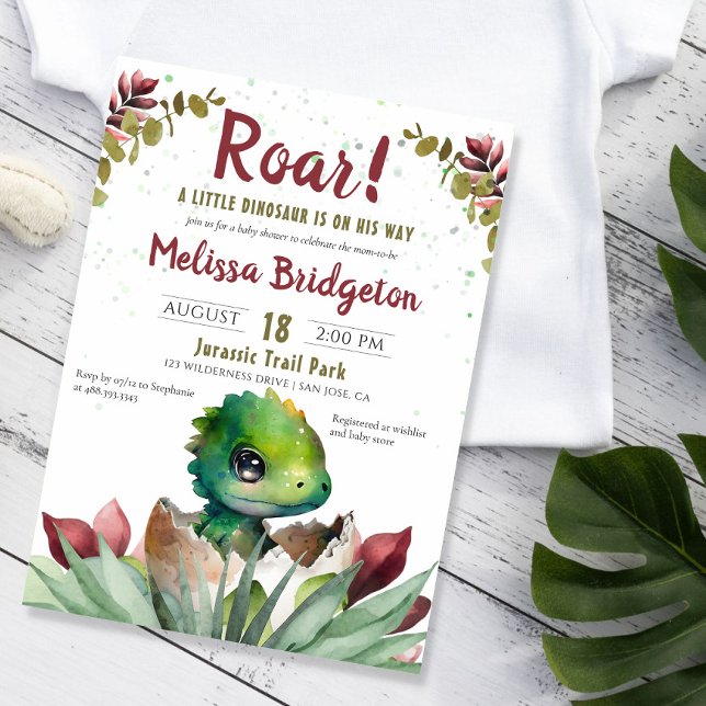 Invitation Roar Cute Dinosaur bébé Garçon Aquarelle Douche (a little dinosaur is on his way invite)