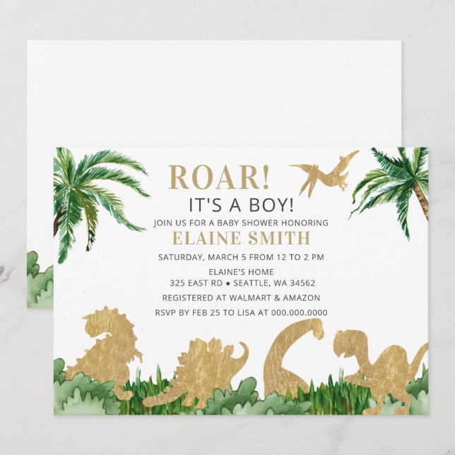 Invitation Roar Dinosaur Baby shower neutre de genre (Devant / Derrière)