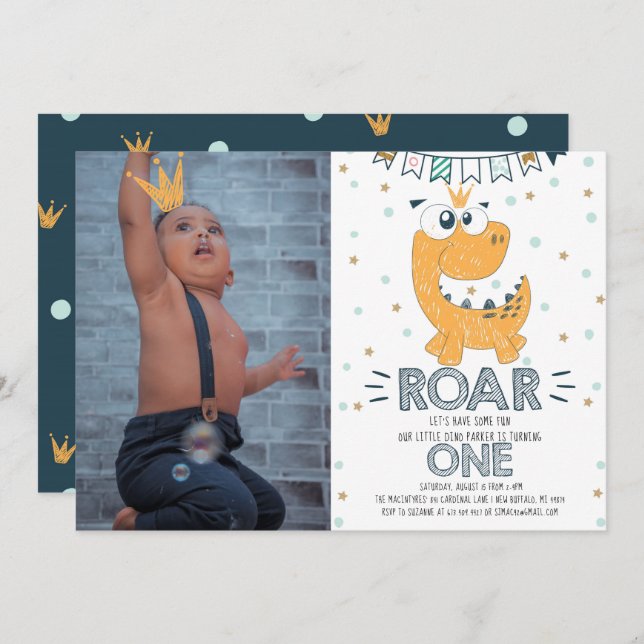 Invitation ROAR Dinosaur Premier anniversaire Photo Invitatio (Devant / Derrière)