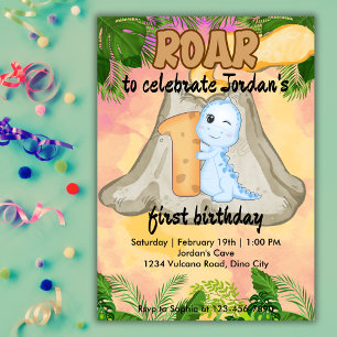 Invitation Roar Dinosaur Vulcano Thème Fille Garçon 1er Anniv
