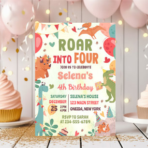 Invitation Roar en quatre Dinosaur 4e fête d'anniversaire