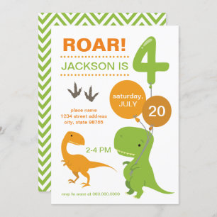 Invitation Roar I'm Four Green Dinosaur Quatrième anniversair