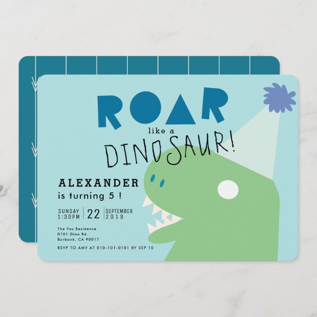 Invitation ROAR T-Rex Dinosaur Bleu clair anniversaire garçon (Devant / Derrière)