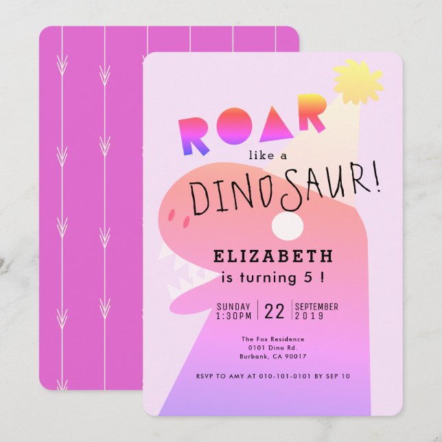 Invitation ROAR T-Rex Dinosaur Neon Fille Rose Anniversaire (Devant / Derrière)