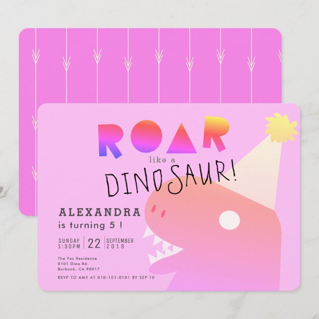 Invitation ROAR T-Rex Dinosaur Neon Rose fille Anniversaire (Devant / Derrière)