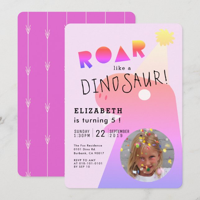 Invitation ROAR T-Rex Dinosaur Neon Rose Photo Girl Anniversa (Devant / Derrière)