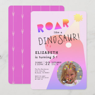 Invitation ROAR T-Rex Dinosaur Neon Rose Photo Girl Anniversa