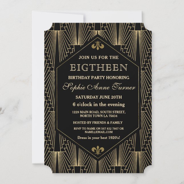 Invitation Roaring 20s Great Gatsby Art Deco 18th Birthday (Devant)