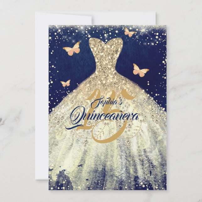 Invitation Rob Navy Or Papillon Pailleté Or Robe Quinceanera (Dos)