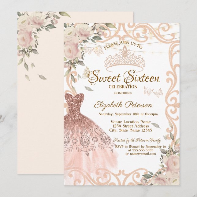 Invitation Robe à cadre de fleurs chic Papillons Sweet 16 (Devant / Derrière)