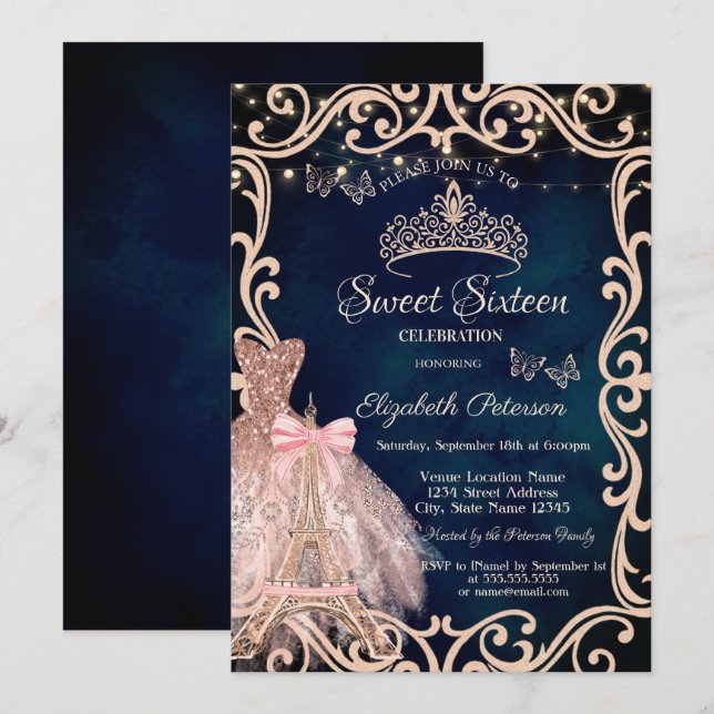 Invitation Robe à cadre de la Tour Eiffel Papillon Pailleté B (Devant / Derrière)