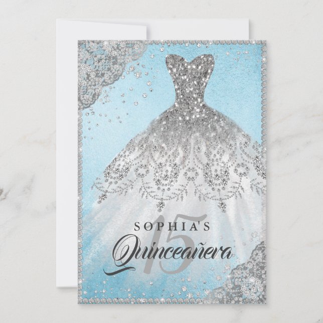 Invitation Robe à dentelle de diamant bleu argenté scintillan (Devant)