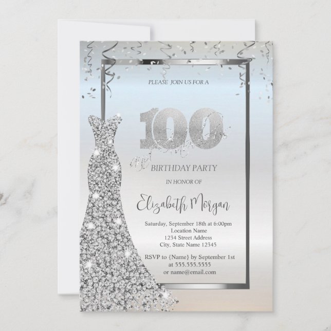 Invitation Robe à diamants argentés brillants 100e anniversai (Devant)