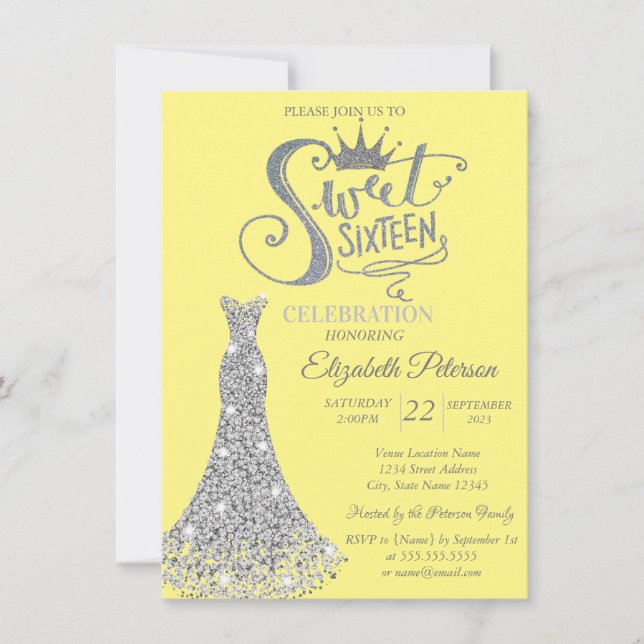 Invitation Robe à diamants argentés,Diamants Jaune Sweet 16  (Devant)