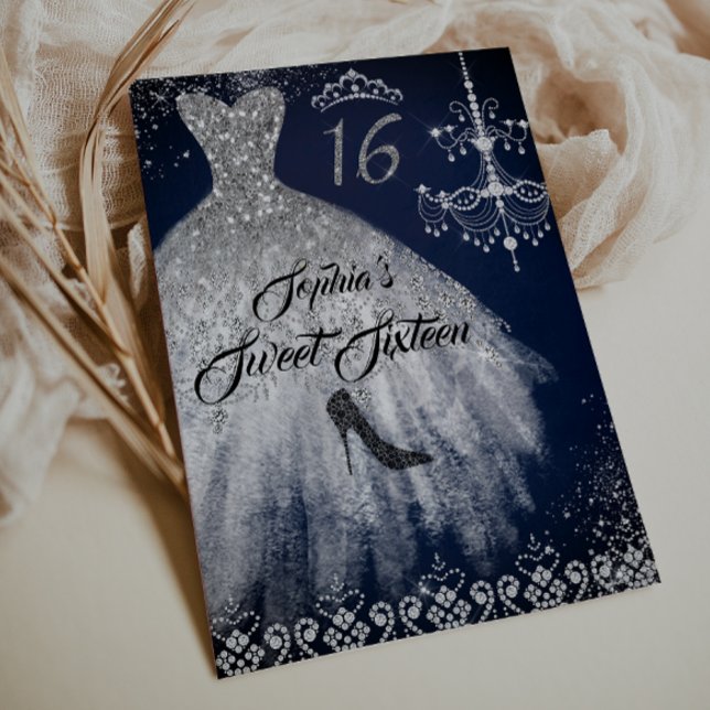 Invitation Robe à diamants scintillants Navy Silver Sweet 16 (Créateur téléchargé)