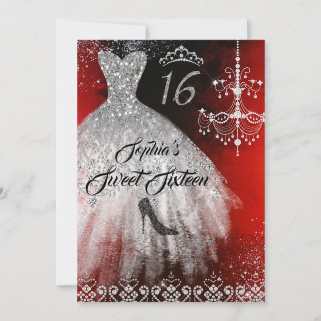 Invitation Robe à diamants scintillants rouge argent noir Swe (Devant)