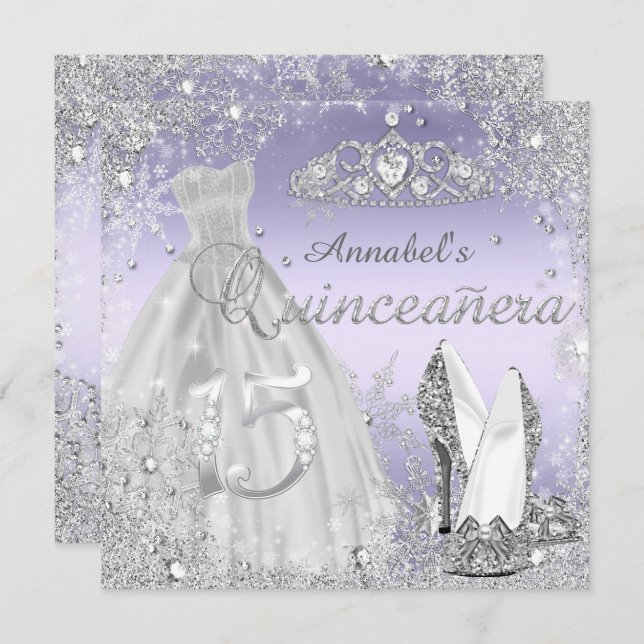 Invitation Robe à étincelles en argent et violet & Tiara Quin (Devant / Derrière)