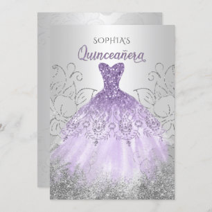 Invitation Robe à étincelles violette en argent Quinceañera