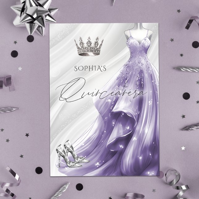 Invitation Robe à étincelles violette en argent Quinceañera (Silver Purple Sparkle Dress Quinceañera Invitation)