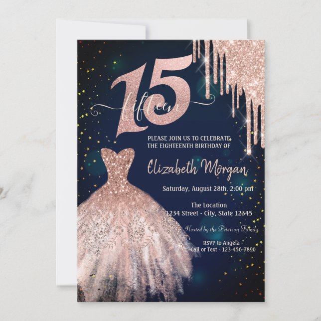 Invitation Robe à gouttes de paillettes Cool Navy Blue 15e an (Devant)