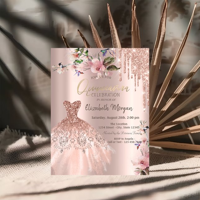 Invitation Robe à gouttes de paillettes Printemps Fleurs Quin (Créateur téléchargé)