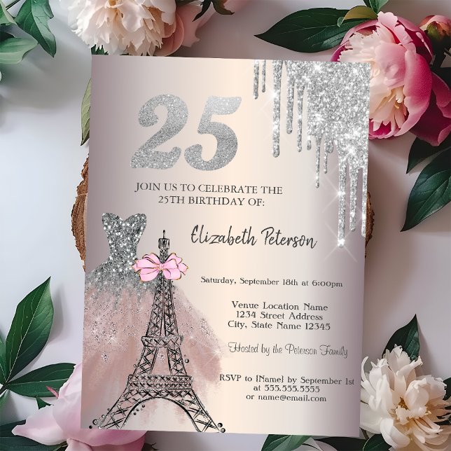 Invitation Robe à gouttes de paillettes Tour Eiffel Bow 25th  (Créateur téléchargé)