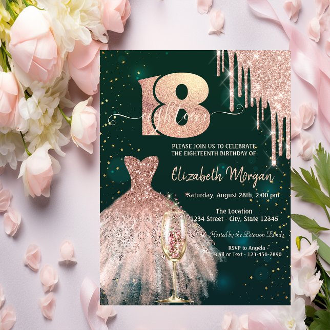 Invitation Robe à gouttes de paillettes Vert 18e Anniversaire (Créateur téléchargé)