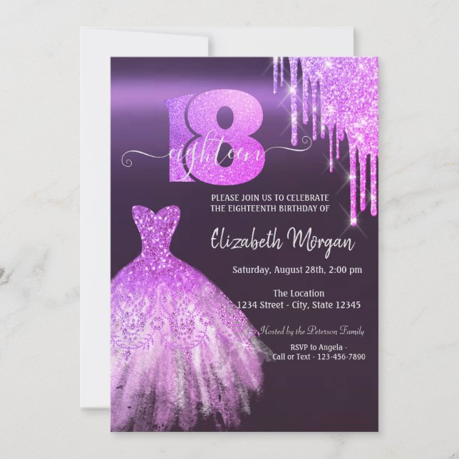 Invitation Robe à gouttes de paillettes violettes pour fête d (Devant)