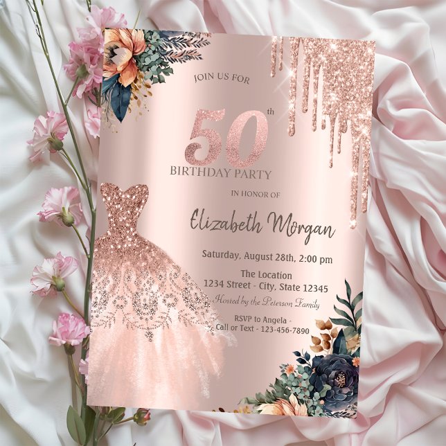 Invitation Robe à gouttes de rose doré Fleurs lunatiques 50e  (Créateur téléchargé)