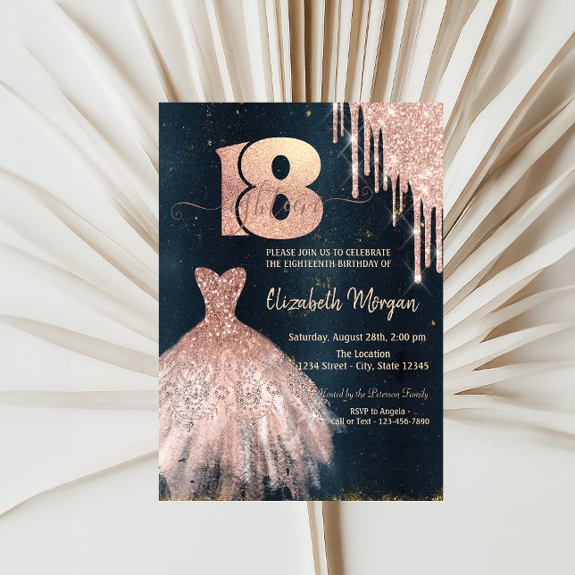 Invitation Robe à gouttes en or rose, bleu foncé 18e annivers (Créateur téléchargé)