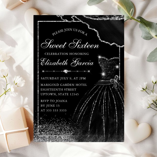 Invitation Robe à l'aquarelle noire & Bordure glamour argenté (Créateur téléchargé)