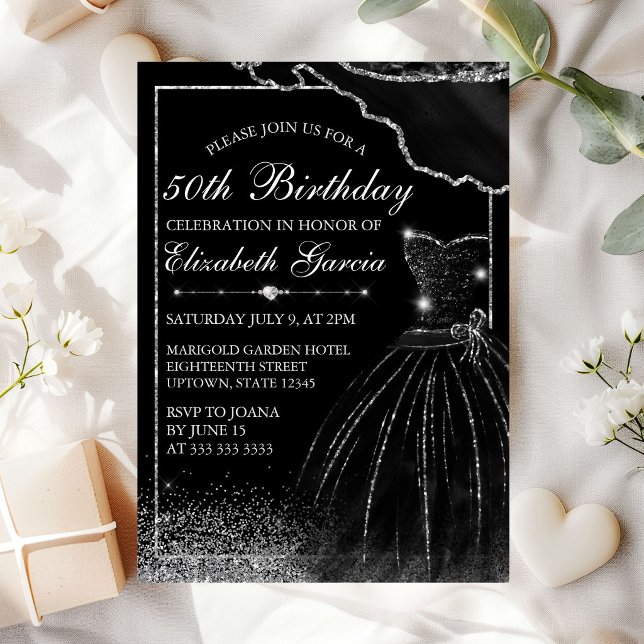 Invitation Robe à l'aquarelle noire & Glam Edge Anniversaire (Créateur téléchargé)