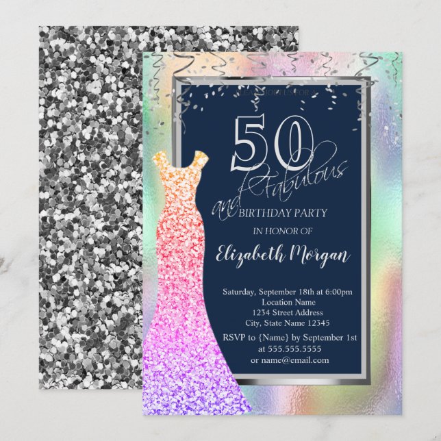 Invitation Robe à Paillettes Arc-en-Ciel Holographique 50 ans (Devant / Derrière)