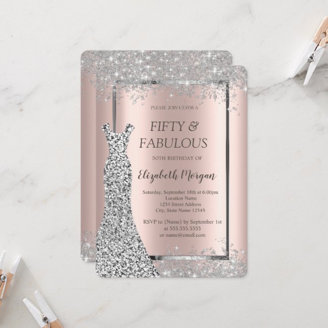 Invitation Robe à paillettes argentées Confetti argenté Rose  (Devant/Arrière en situation)