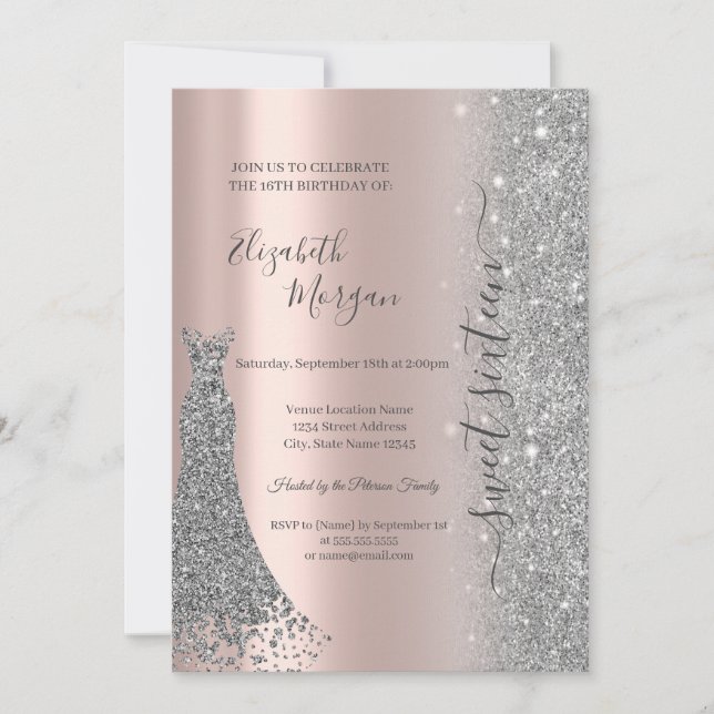 Invitation Robe à paillettes argentées diamant rose or doux 1 (Devant)