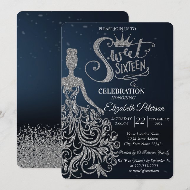 Invitation Robe à paillettes argentées, diamants bleu foncé S (Devant / Derrière)