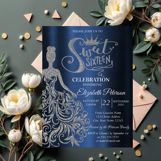 Invitation Robe à paillettes argentées, diamants bleu marine  (Créateur téléchargé)