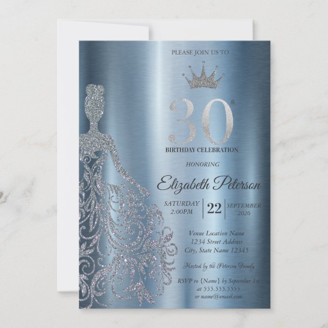 Invitation Robe à paillettes argentées, Diamants Bleus 30e An (Devant)