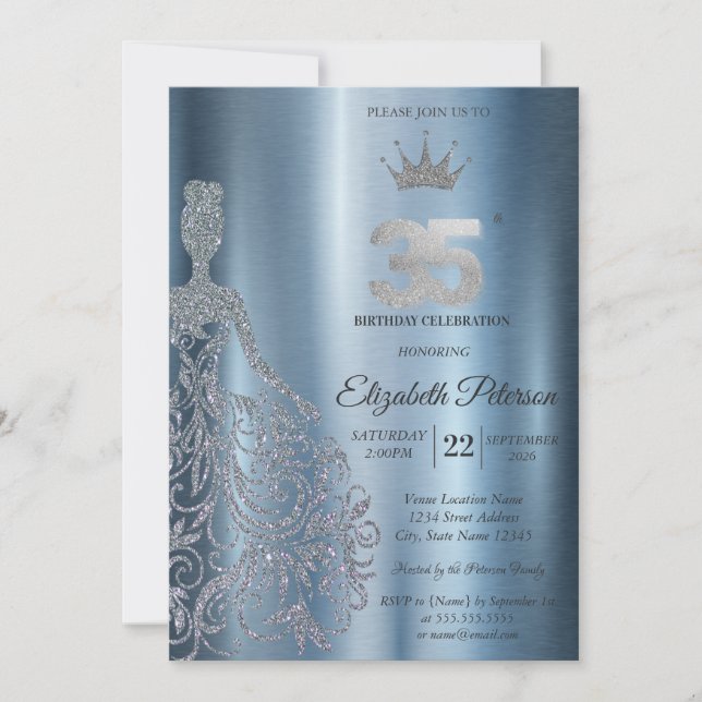 Invitation Robe à paillettes argentées, Diamants Bleus 35e An (Devant)