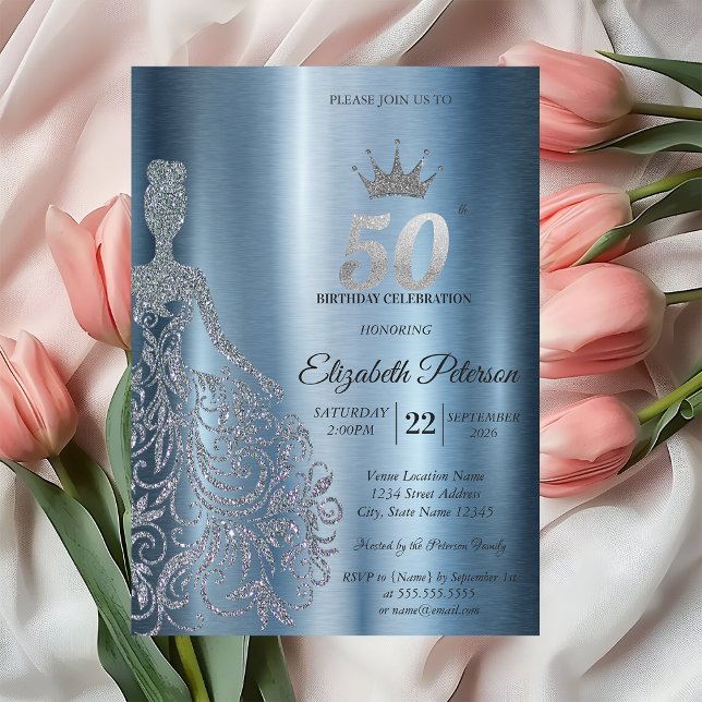 Invitation Robe à paillettes argentées, Diamants Bleus 50e An (Créateur téléchargé)