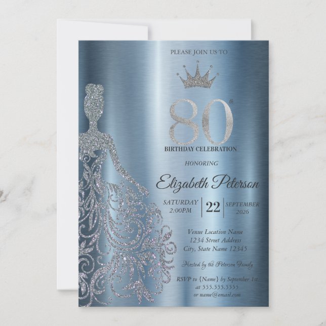Invitation Robe à paillettes argentées, Diamants Bleus 80e An (Devant)