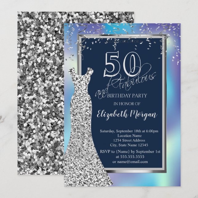 Invitation Robe à Paillettes Argentées Holographique 50e Anni (Devant / Derrière)