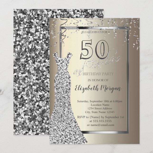 Invitation Robe à paillettes argentées pour 50e anniversaire  (Devant / Derrière)