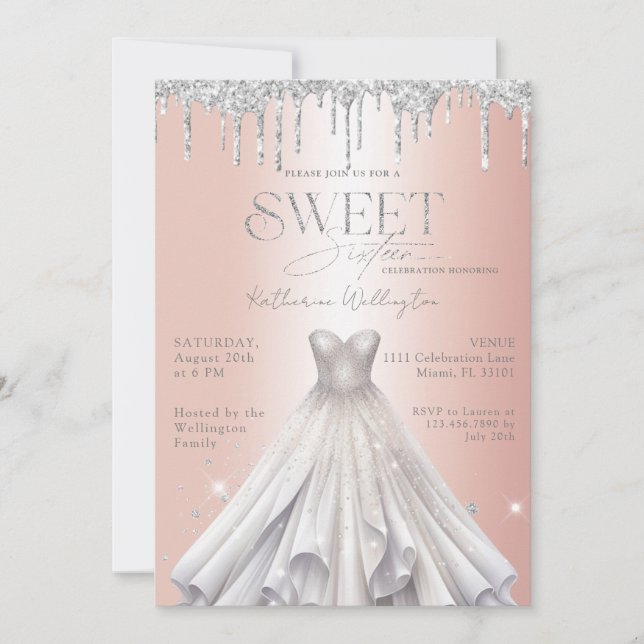 Invitation Robe à paillettes argentées Rose Gold Sweet 16 (Devant)
