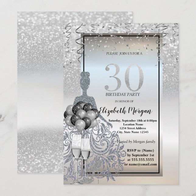 Invitation Robe à paillettes argentées, Verre, Ballons 30e An (Devant / Derrière)