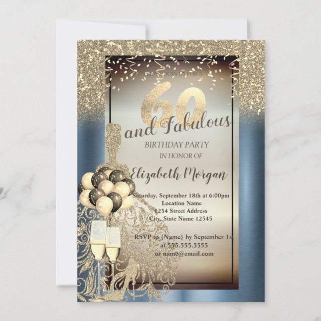 Invitation Robe à paillettes, Ballons, Bleu Métallisé 60 ans (Devant)